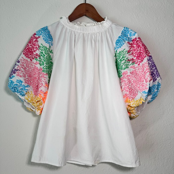 THML Tops - THML Womens White Cotton Colorful‎ Embroidered Puff Sleeve Ruffle Neck Blouse